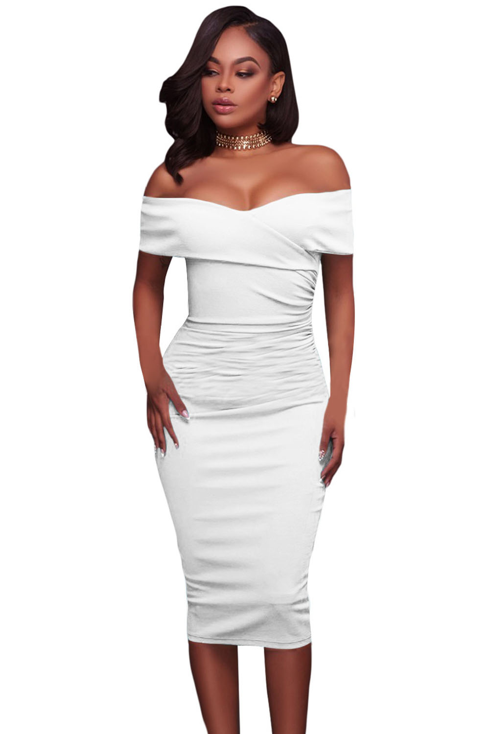 white bodycon off the shoulder dress