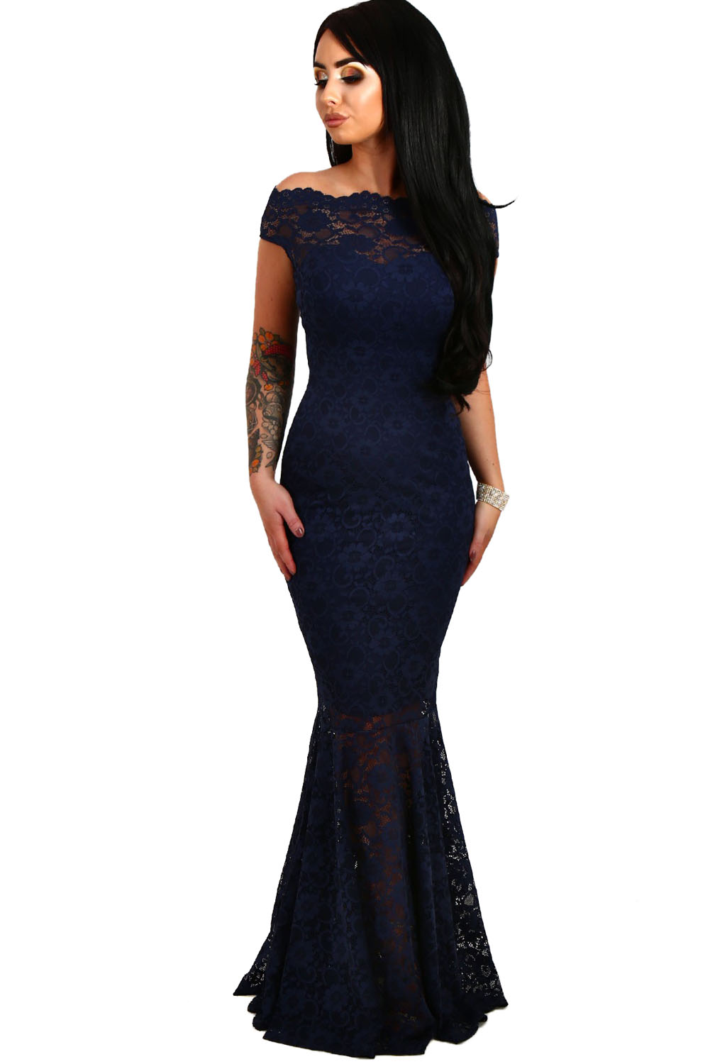 blue lace fishtail maxi dress