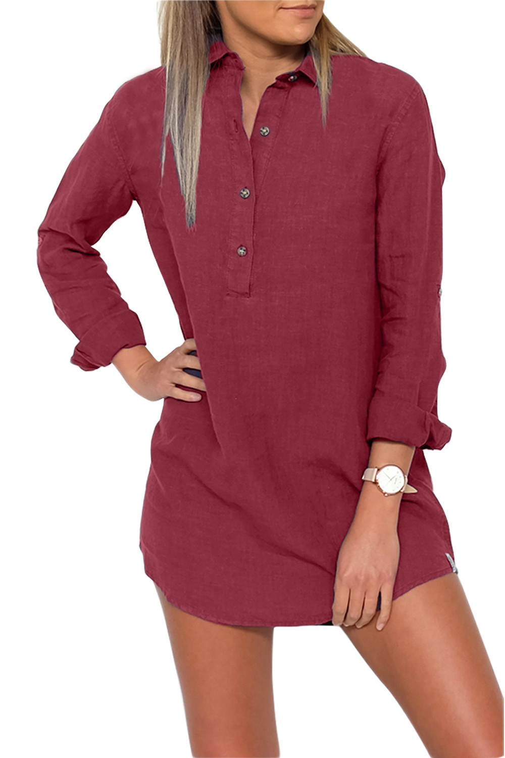 New In Burgundy Button Neck Long Sleeve Shirt Dress