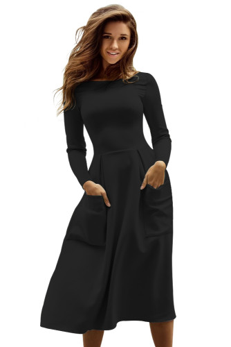 New Arrival Black Bateau Collar Casual Big Pocket Skater Dress