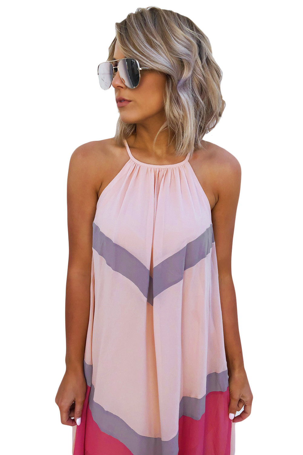 Pink Chevron Color Block Halter Neck Maxi Dress from China