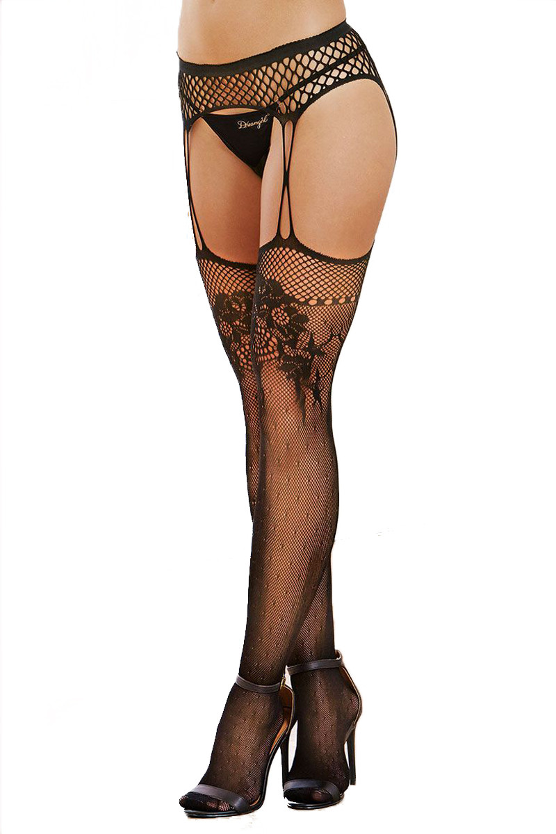 US21 Black Floral Mesh And Fishnet Suspender Pan