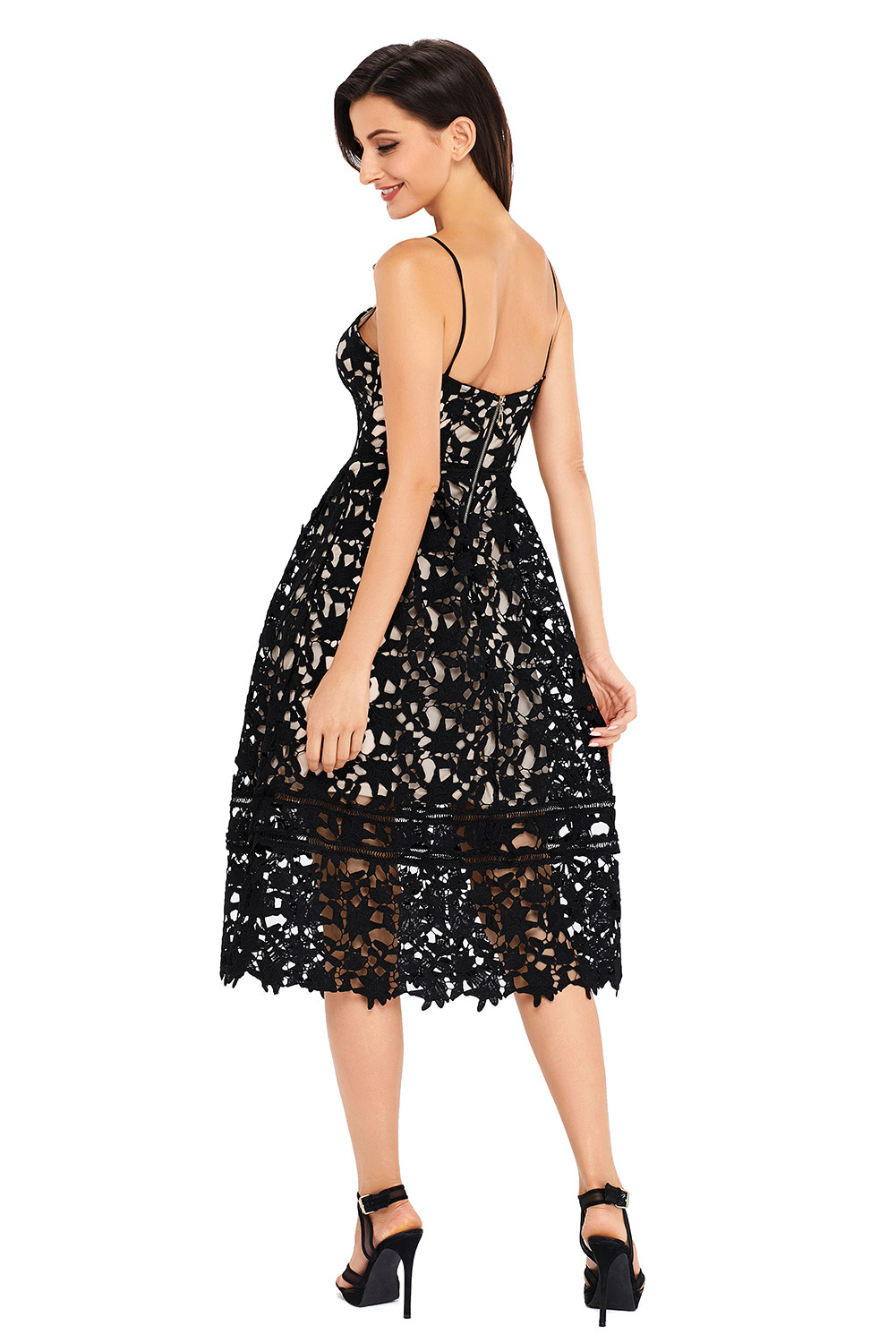 Women In Black Lace Hollow Out Nude Illusion Party Dress
