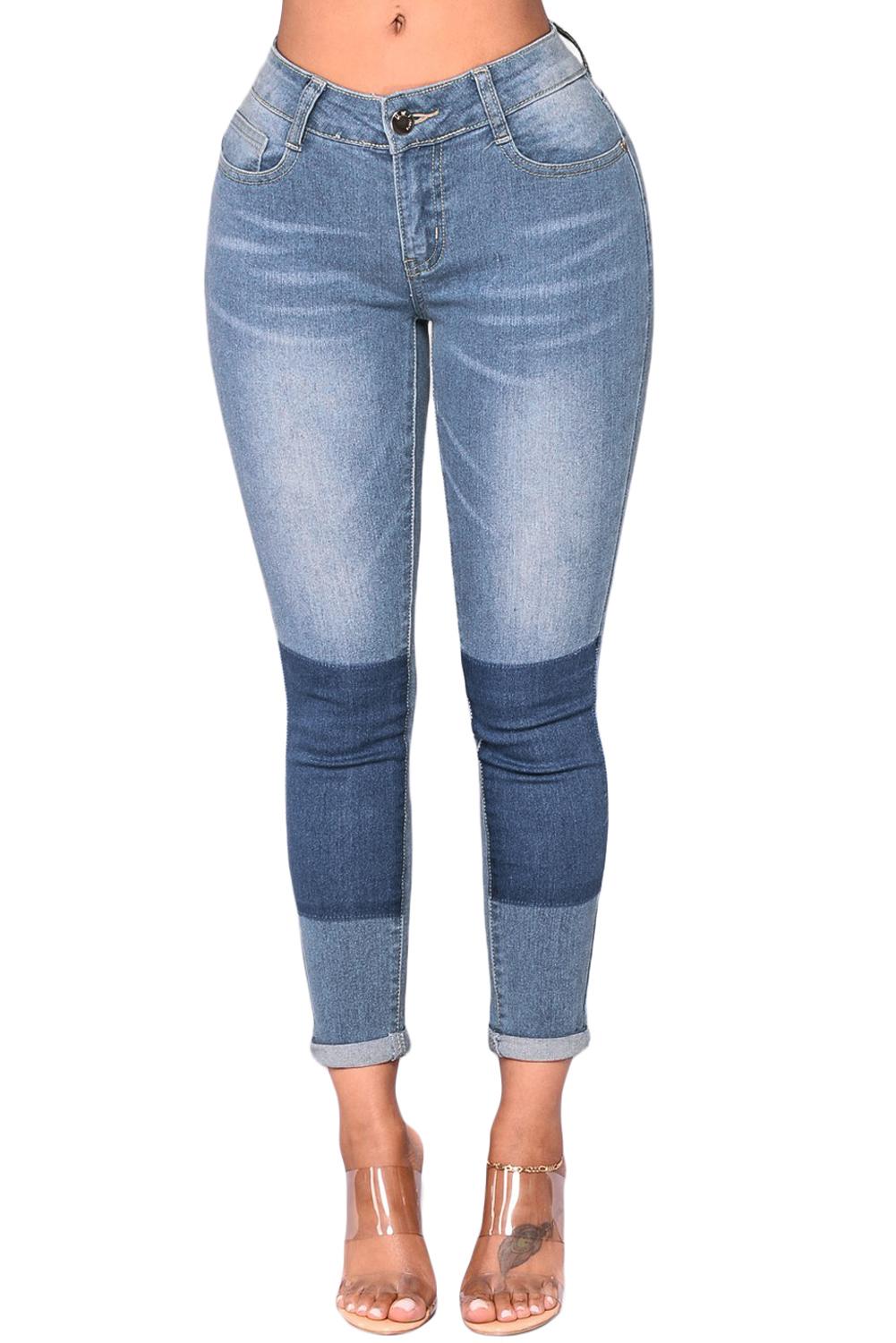 Light Blue Wash Color Block Jeans for Women