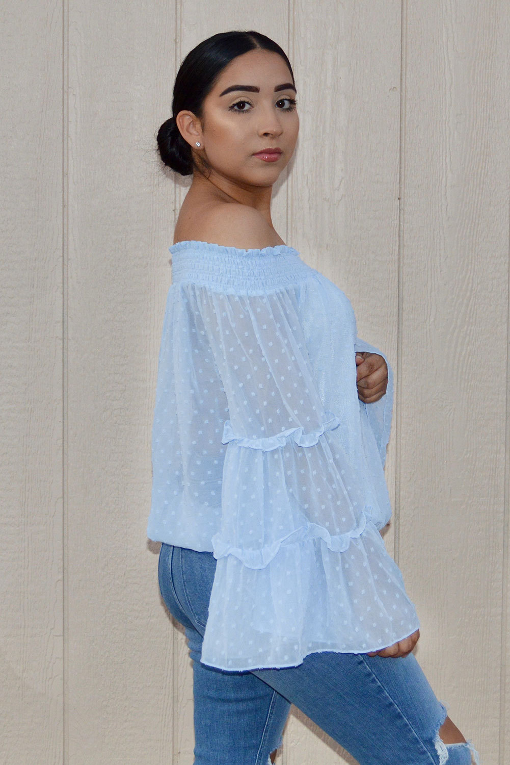 Wholesale Long Sleeve Tops, Cheap Sky Blue Swiss Dot Off The Shoulder