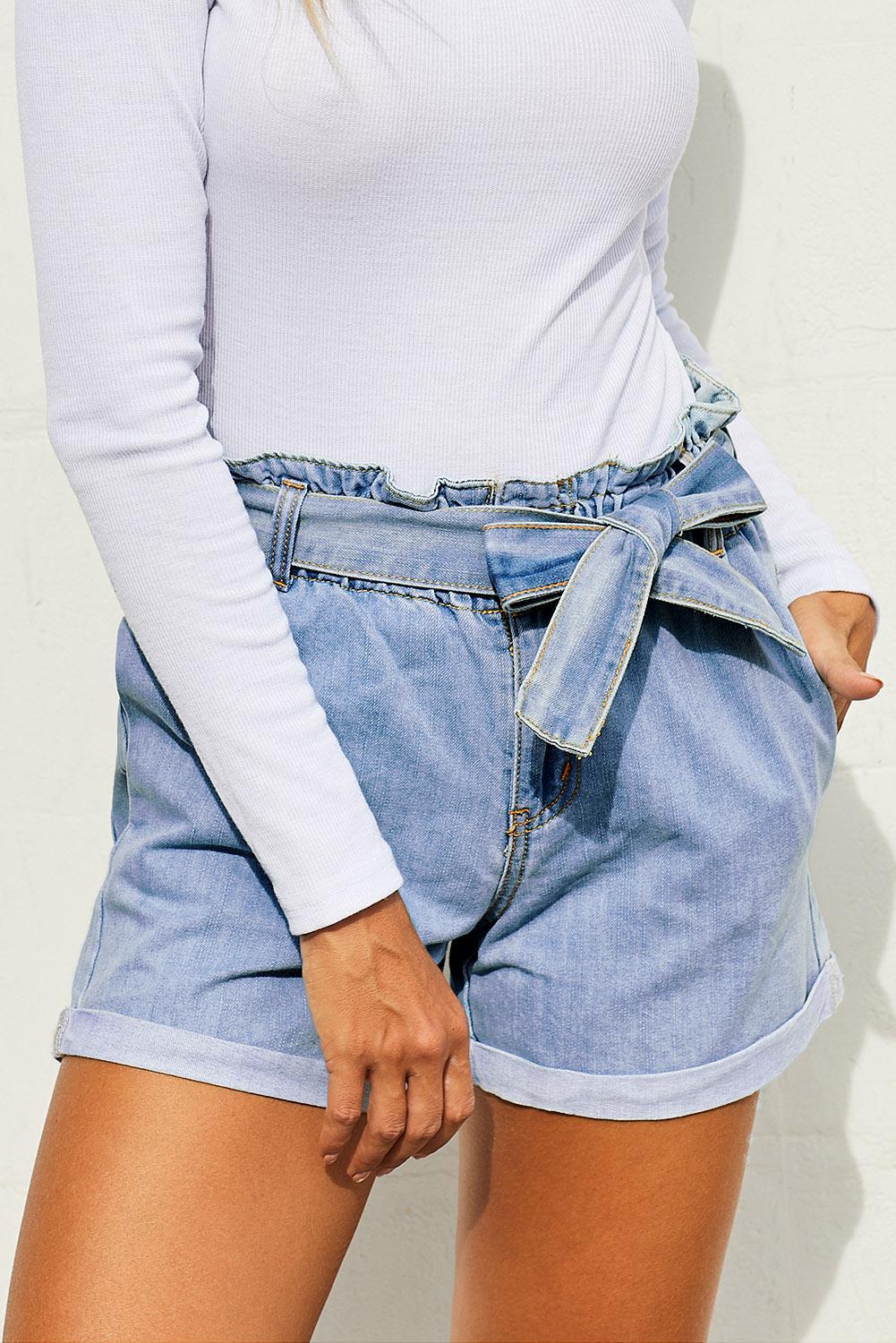 US8.9 Light Blue Paper Bag Waist Denim Shorts Wholesale Online
