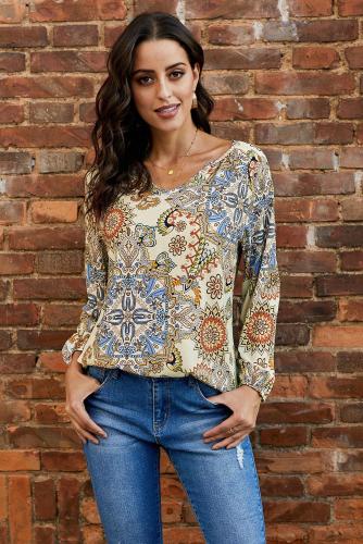 Wholesale Long Sleeve Tops Cheap White Color Block Casual V