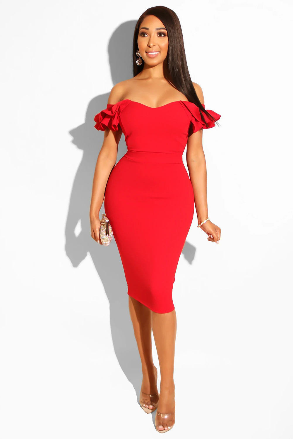 US$6.9 Red Off Shoulder Ruffled Sleeve Bodycon Midi Dress Wholesale Online