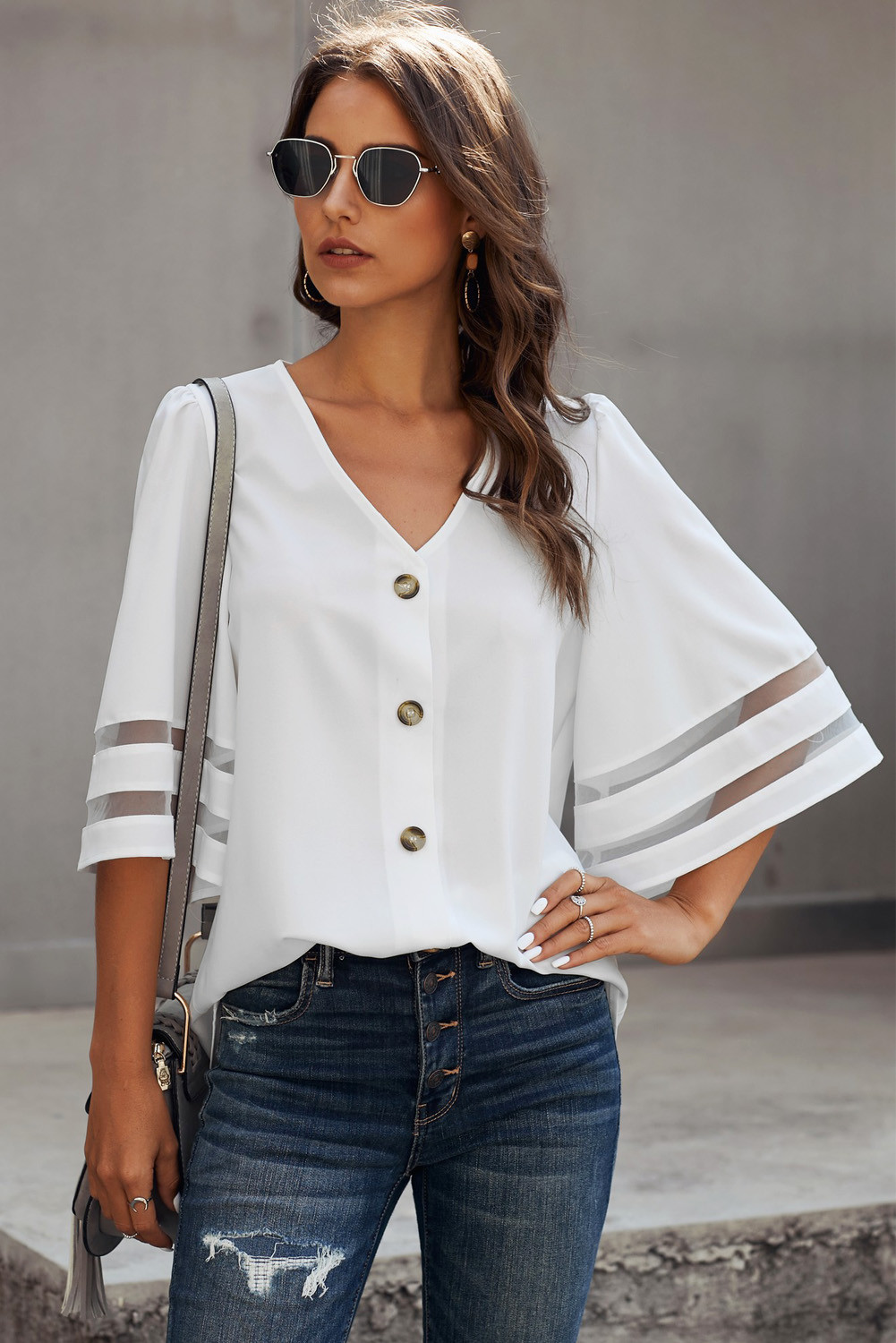 Wholesale Blouses & Shirts, Cheap White Flare Sleeve V Neck Button Down ...