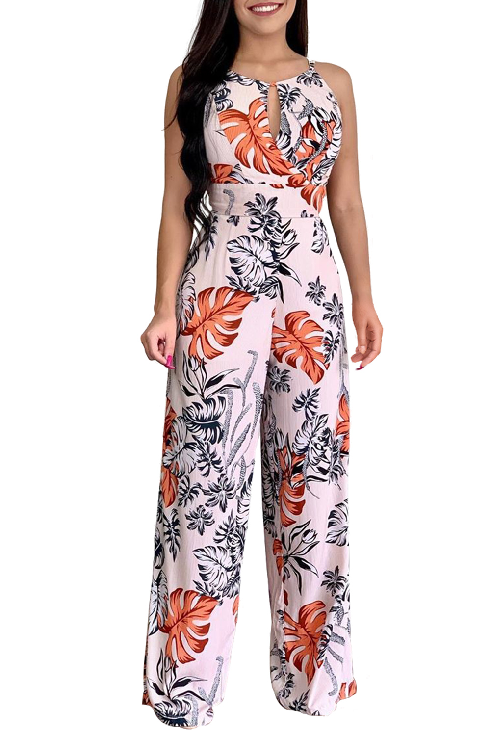 Wholesale Push it production, Cheap Pink Keyhole Floral Print Wide Leg