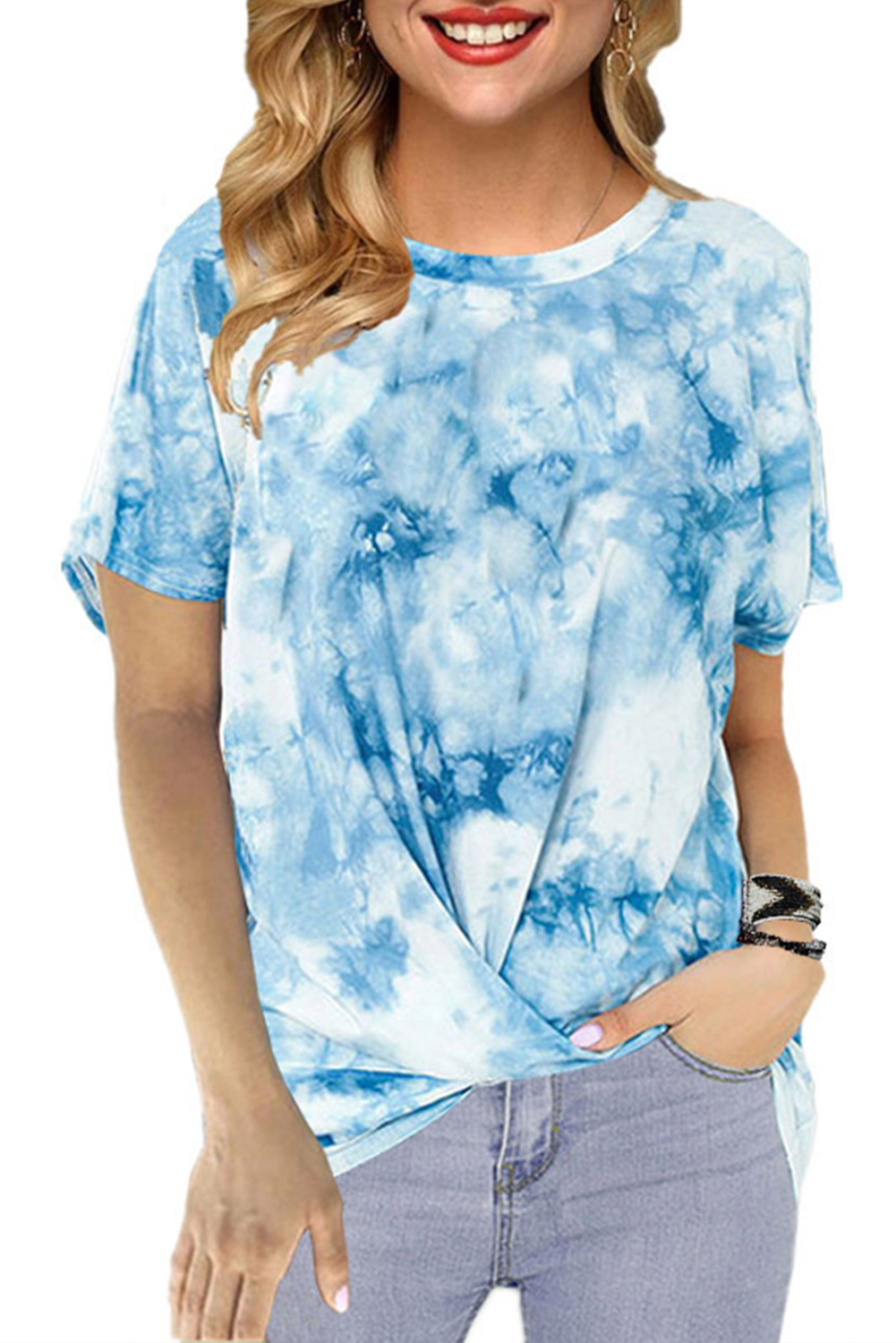 US$5.8 Sky Blue Tie Dye Casual T-shirt Wholesale Online