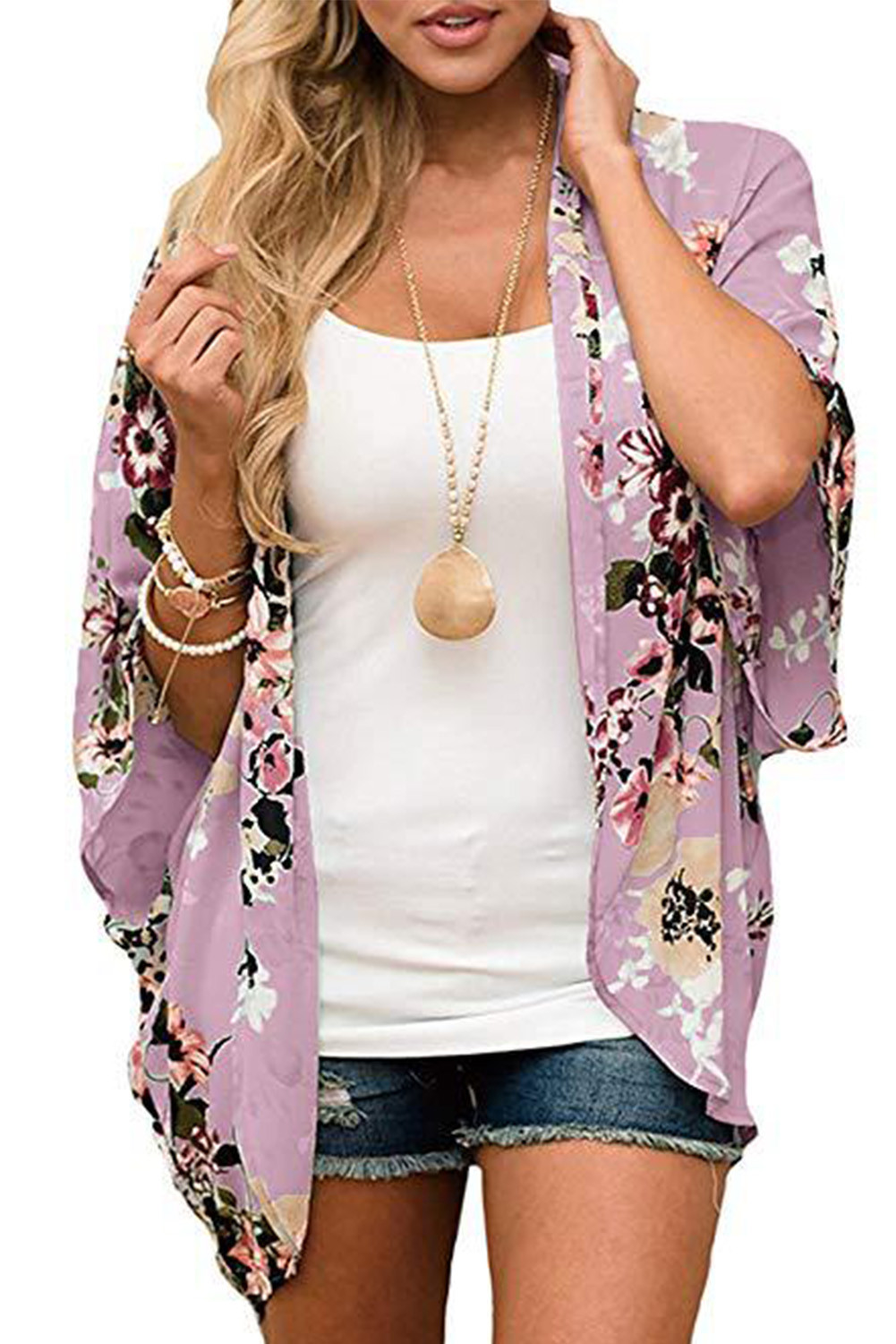 US$5.4 Pink 3/4 Sleeve Floral Print Kimono Cardigan Wholesale Online