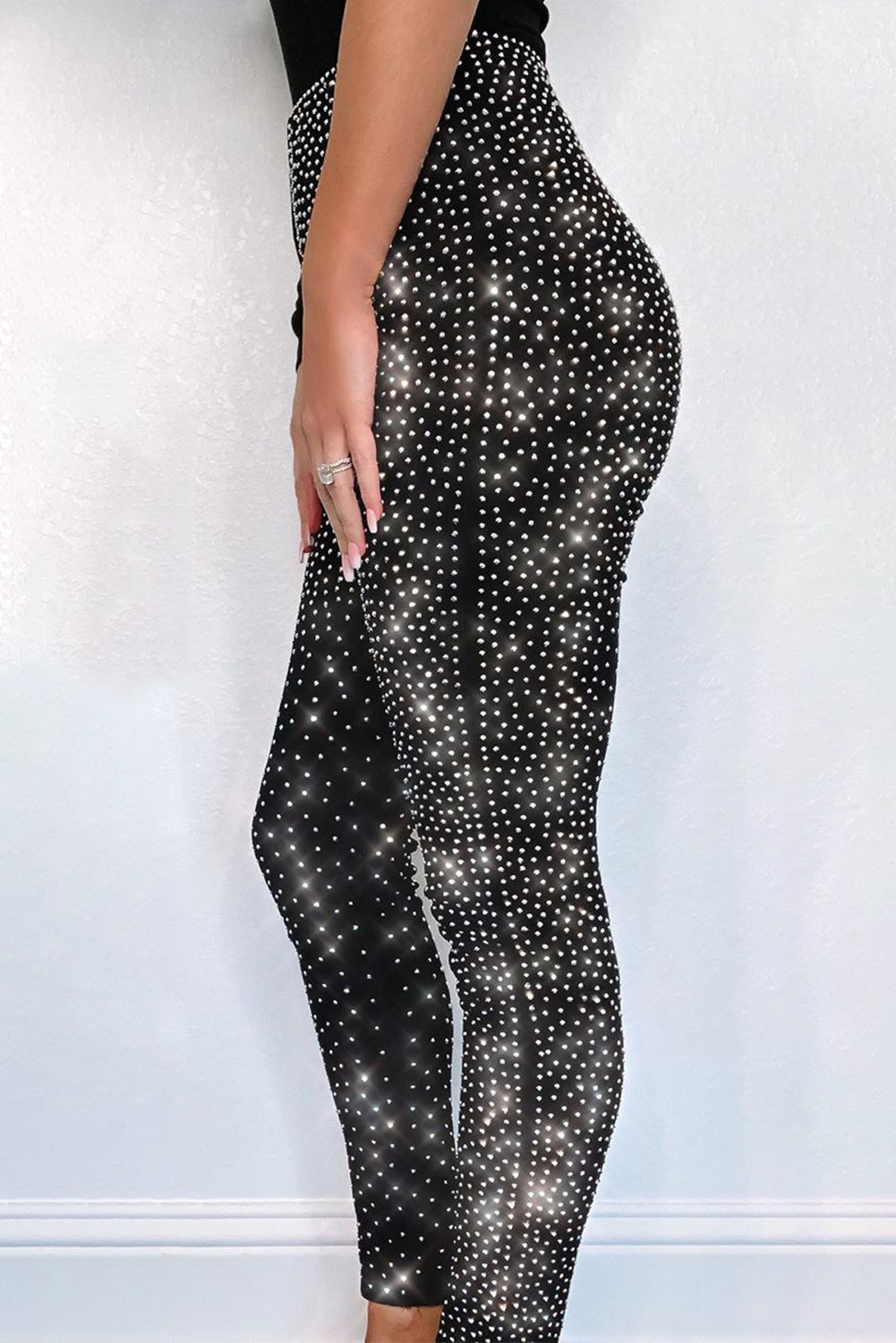 US$8.8 Black Rhinestone High Waist Leggings Wholesale Online