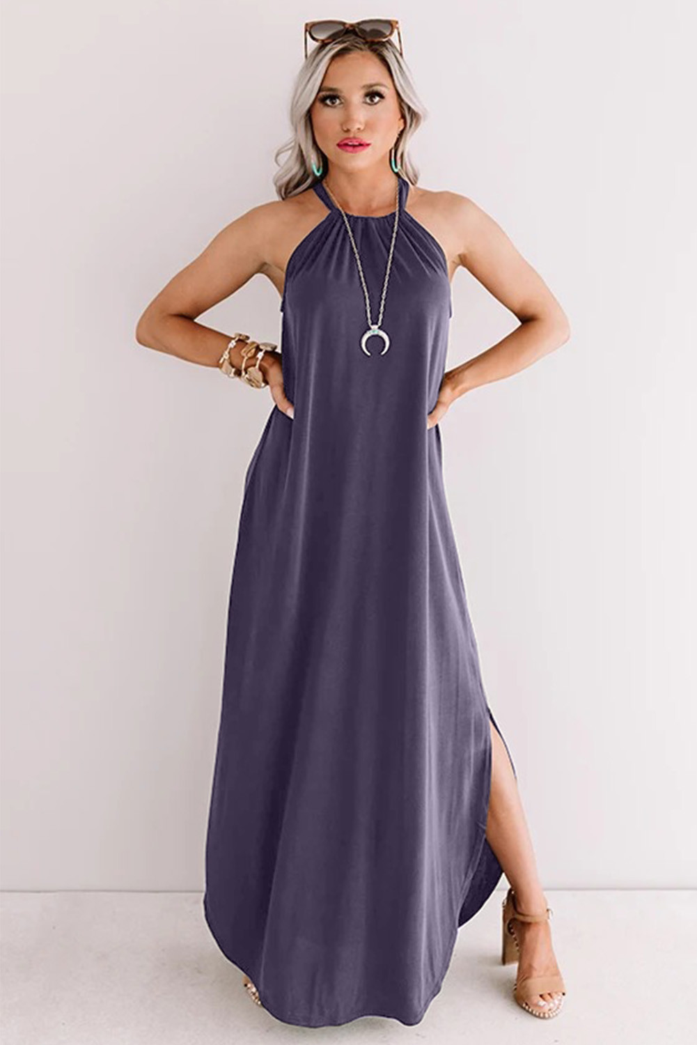 US$9.98 Navy Casual Loose Fit Halter Neck Maxi Dress with Slits ...