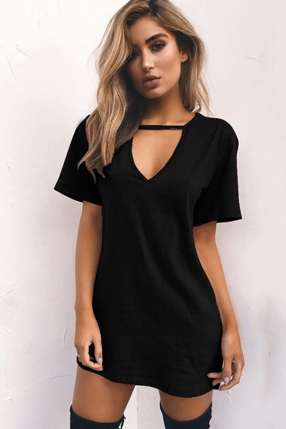 Wholesale Push It Production Cheap Black V Neck Choker Short Sleeve T Shirt Mini Dress Online 