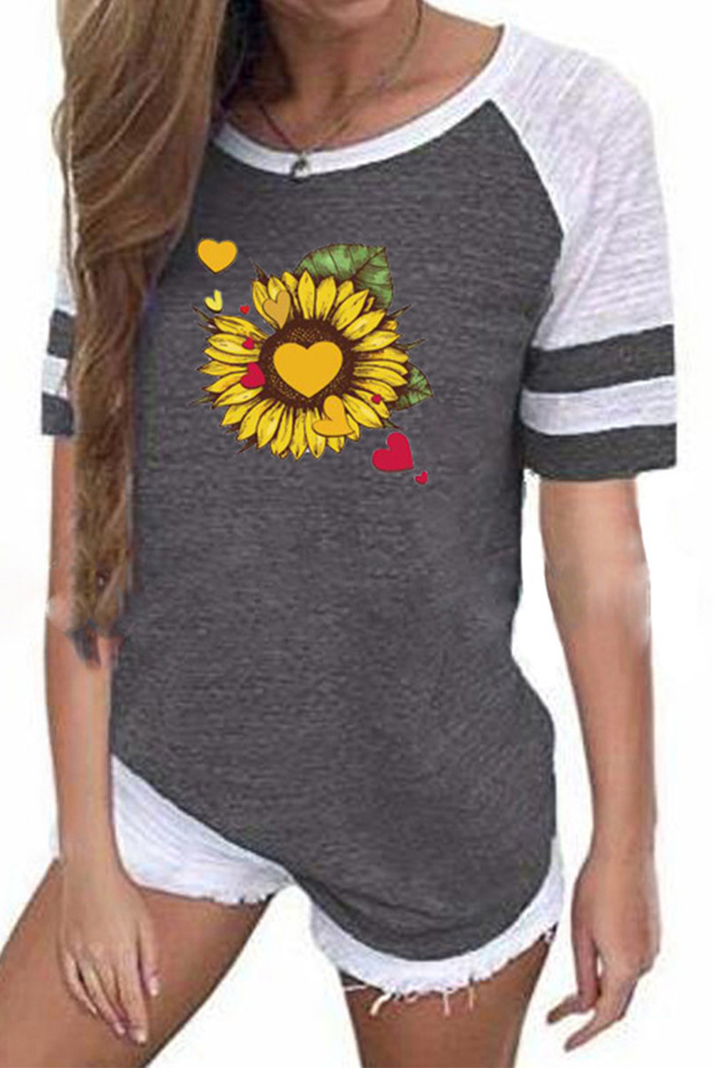 Wholesale Other Category, Cheap Gray Flower Print Raglan Sleeve T-shirt ...