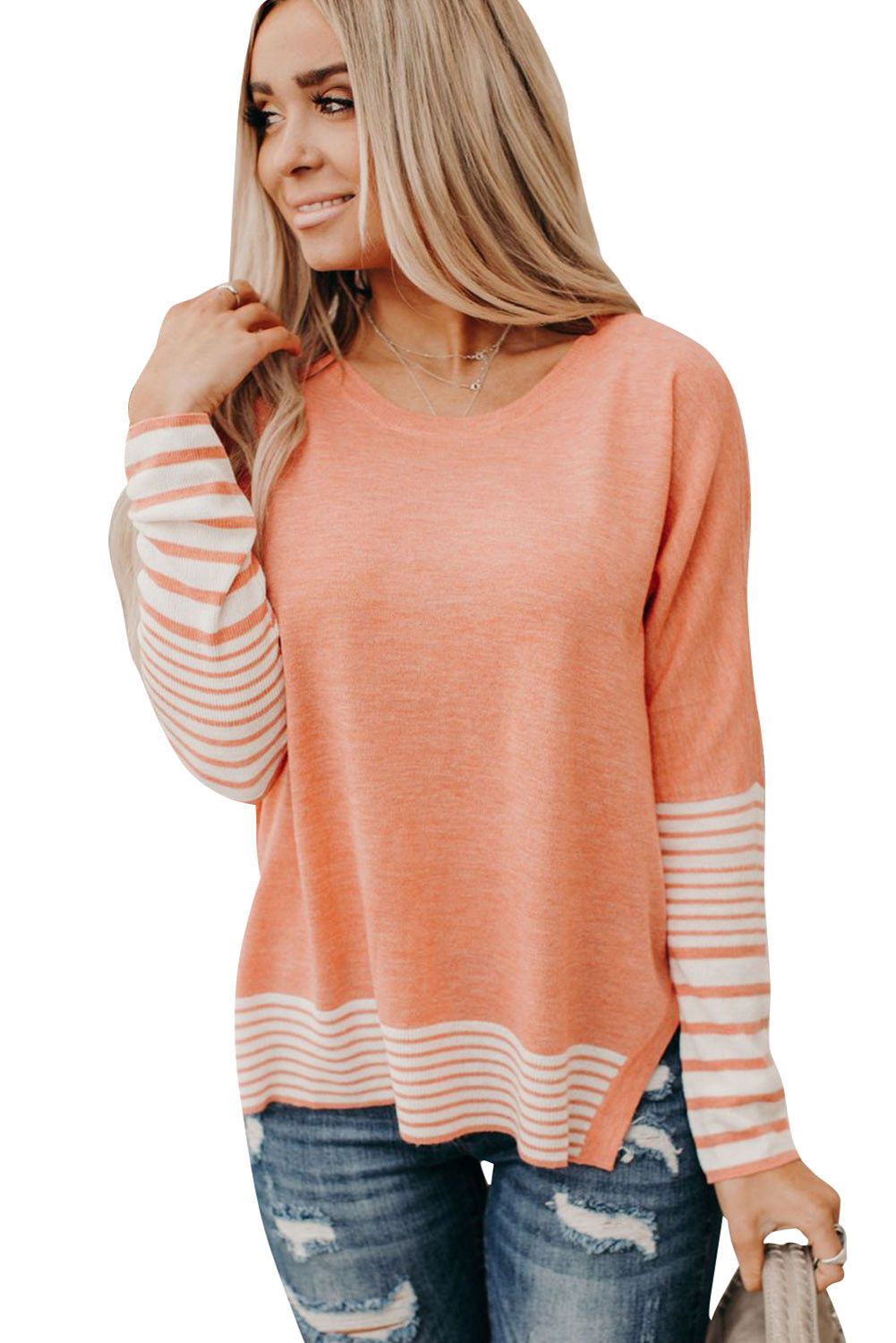 US$8.98 Orange Striped Accent Knit Top Wholesale Online