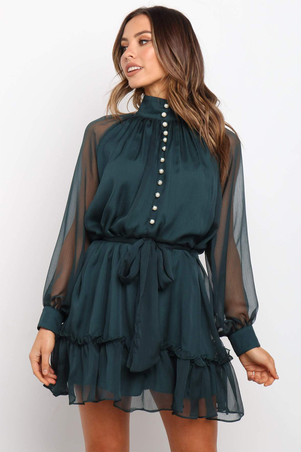 US$8.9 Green High Neck Long Sheer Sleeves Ruffle Short Dress Wholesale ...