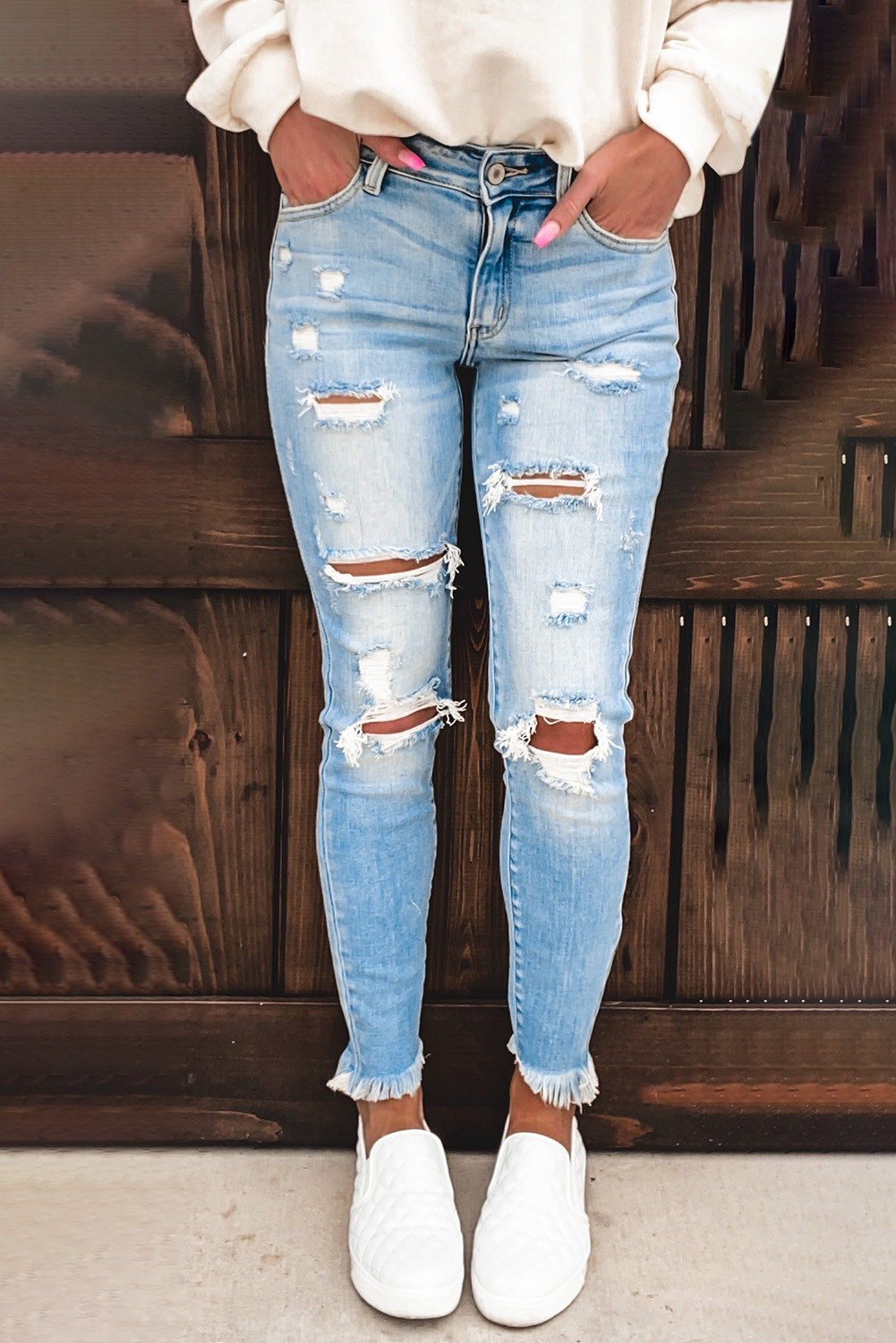Wholesale Pre Order Bottoms, Cheap Light Blue Washed Ripped Jeans Online
