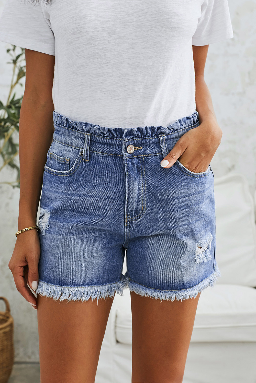 ruffle waist jean shorts