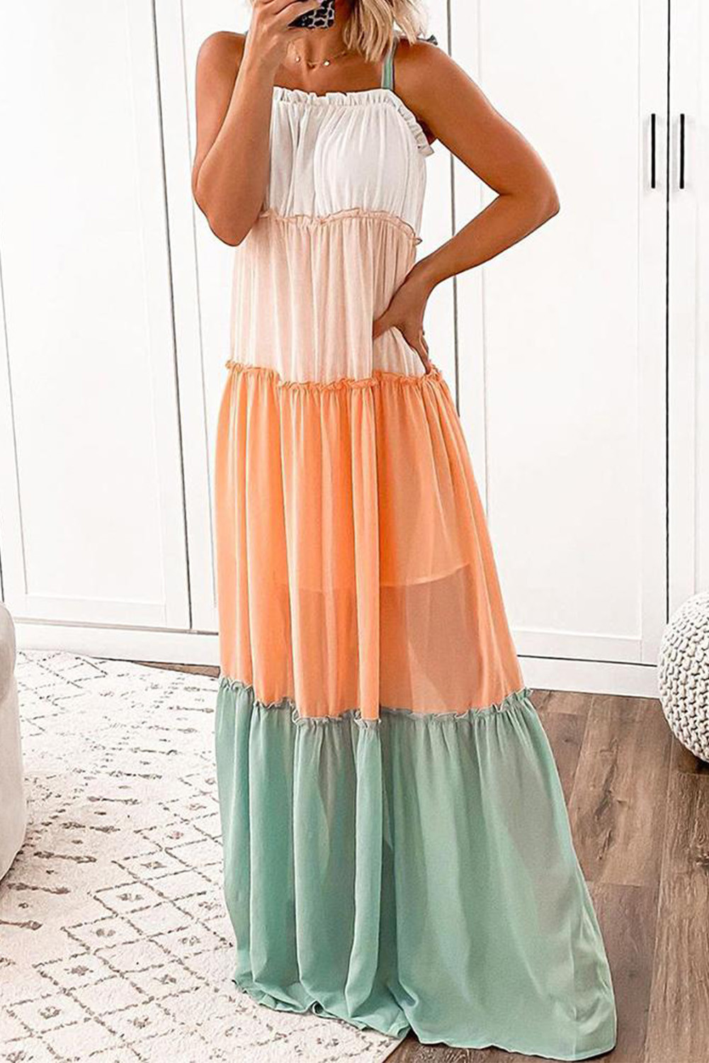 US$10.98 Tiered Color Block Maxi Dress Wholesale Online