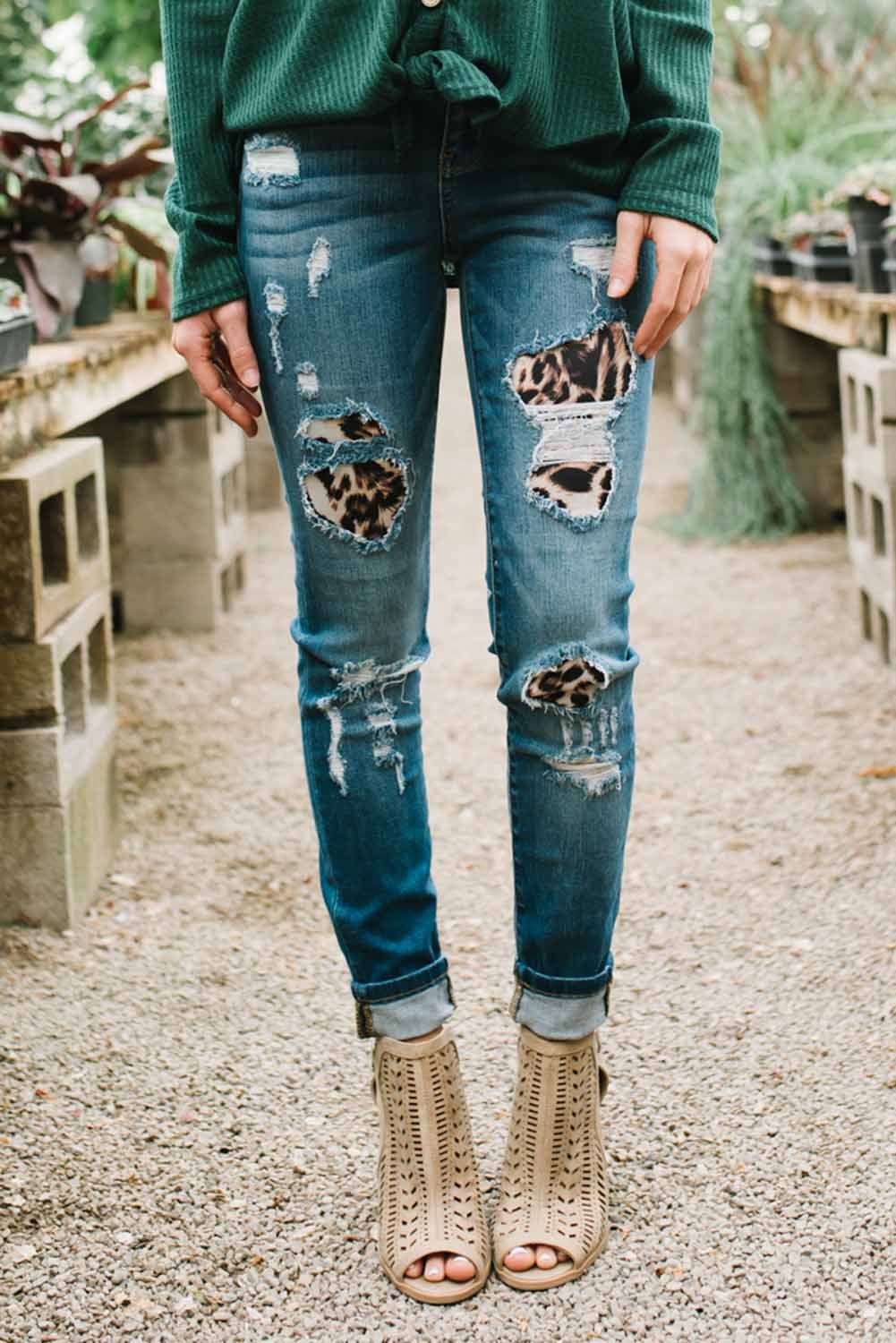 Wholesale Pre Order, Cheap Patches Of Leopard Denim Distressed Jeans Online