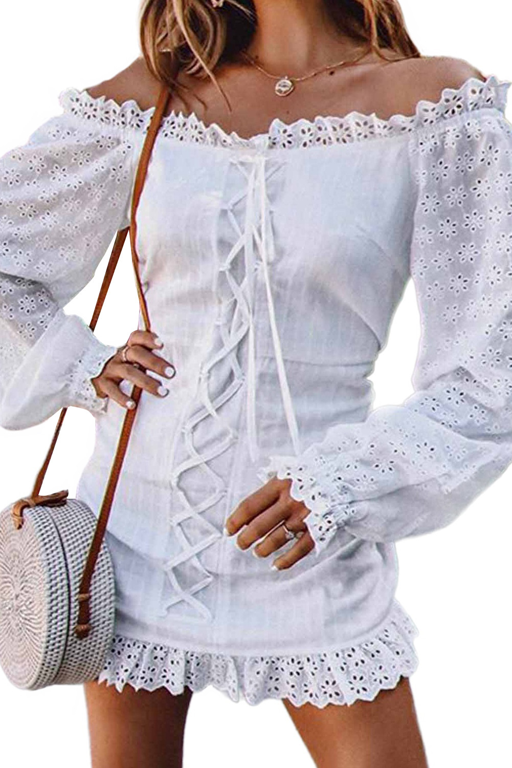 Wholesale Push it production, Cheap White Eyelet Lace Mini Dress Online
