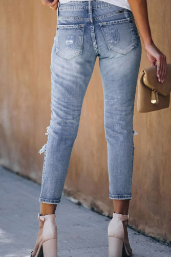 Blue Fading Distressed Holes Crop Jeans
