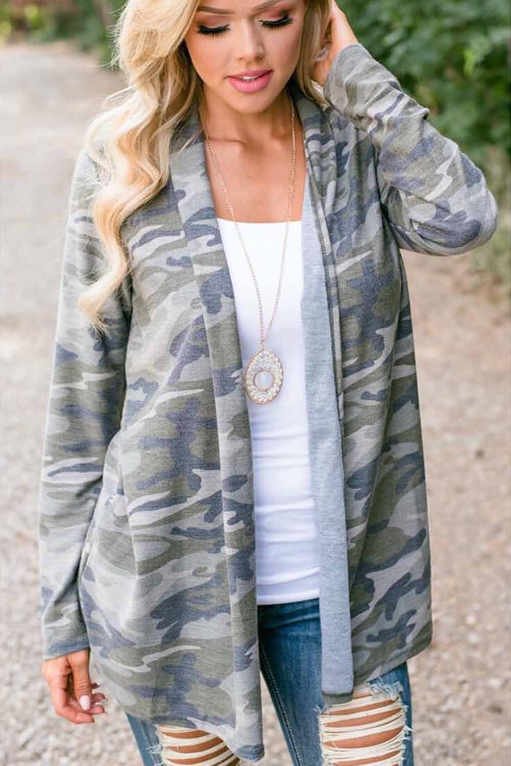 Wholesale Other Category, Cheap Olive Shawl Neckline Camo Cardigan Online