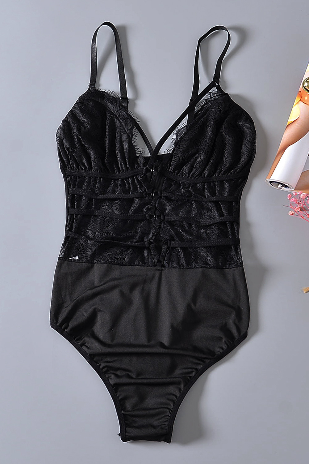 US$4.7 Black Sheer Lace up Bodysuit Wholesale Online