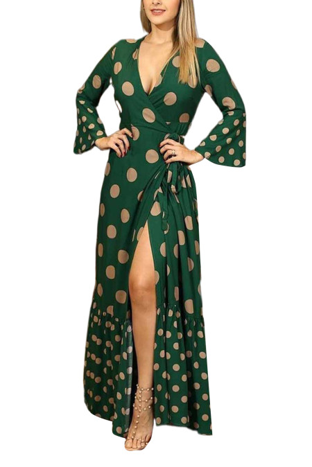 Wholesale Push It Production Cheap Green V Neck Long Sleeve Split Knot Polka Dot Maxi Dress Online