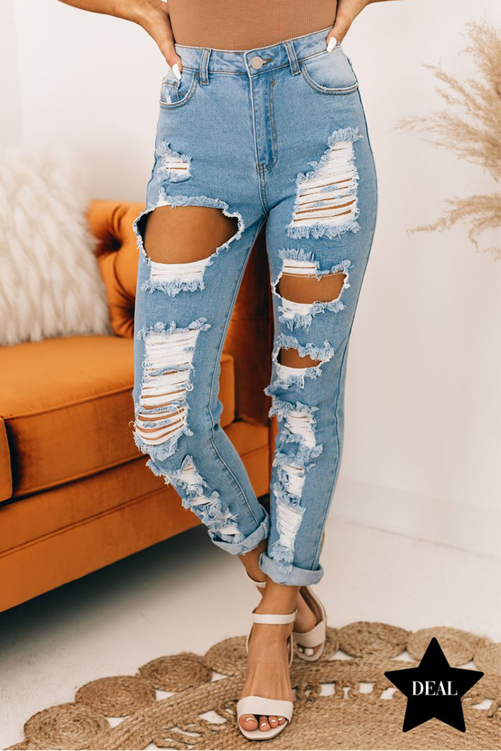 Wholesale Other Category, Cheap Light Blue Distressed Holes Jeans Online