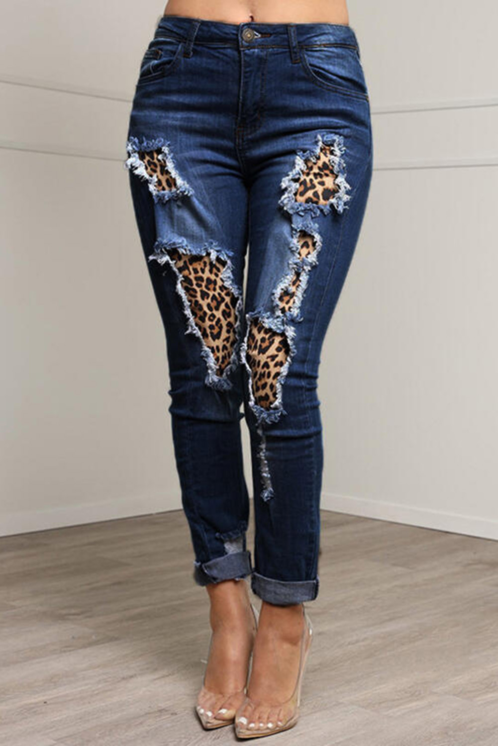 Wholesale Push it production, Cheap Dark Blue Leopard Patchwork Denim