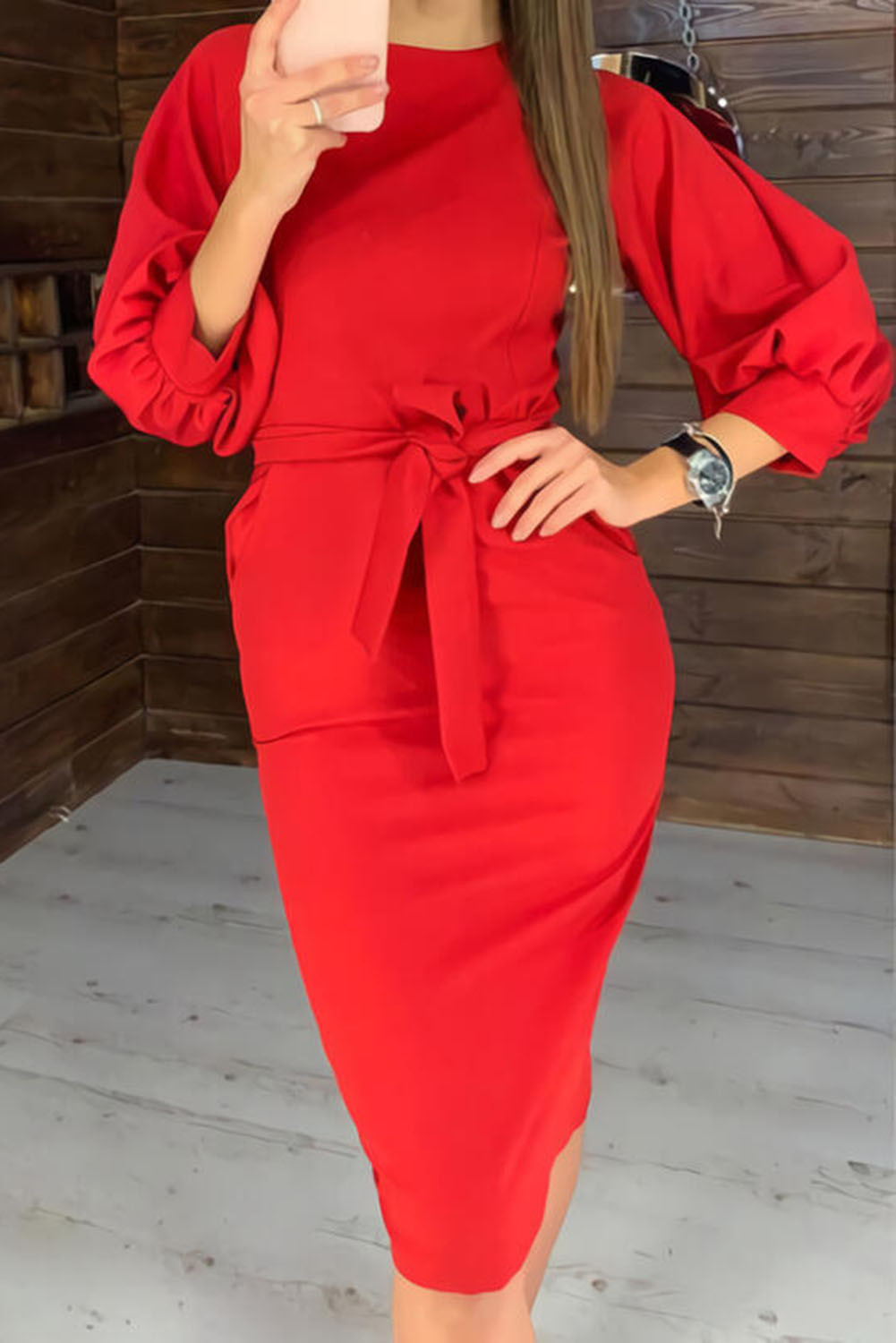 Wholesale Other Category, Cheap Red Crew Neck Bishop Sleeves Midi Dress ...