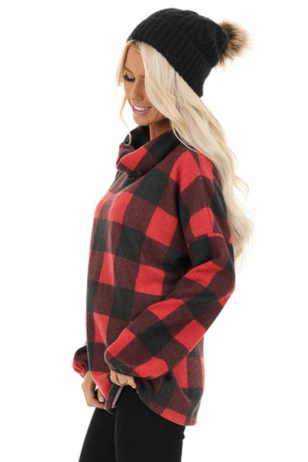 Wholesale Other Category, Cheap Red Buffalo Plaid Fleece Turtleneck Long Sleeve Top Online