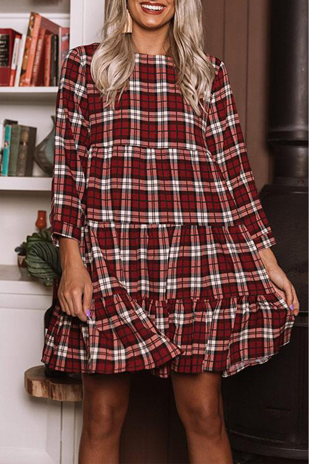 Wholesale Other Category, Cheap Red Plaid Print Babydoll Dress Online