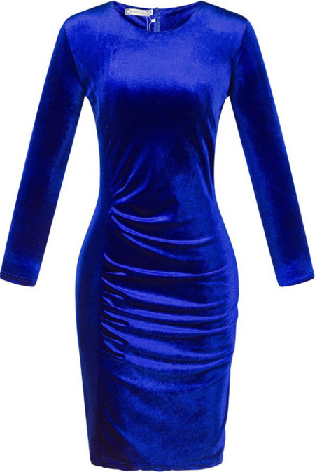 US$6.98 Dark Blue Velvet Bodycon Ruched Long Sleeve Midi Dress