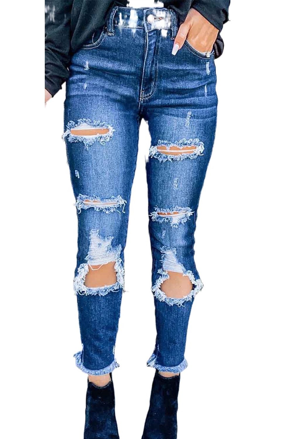 Wholesale Push it production, Cheap Dark Blue Distressed Holes Jeans Online