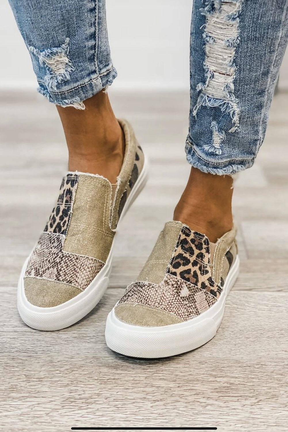 US$ 16.16 Khaki Snake Leopard Mixed Print Slip-on Canvas Slip on Shoes ...