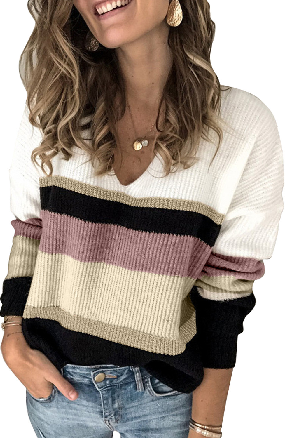 Wholesale Sweaters & Cardigans, Cheap Brown Casual Color-Block Striped ...