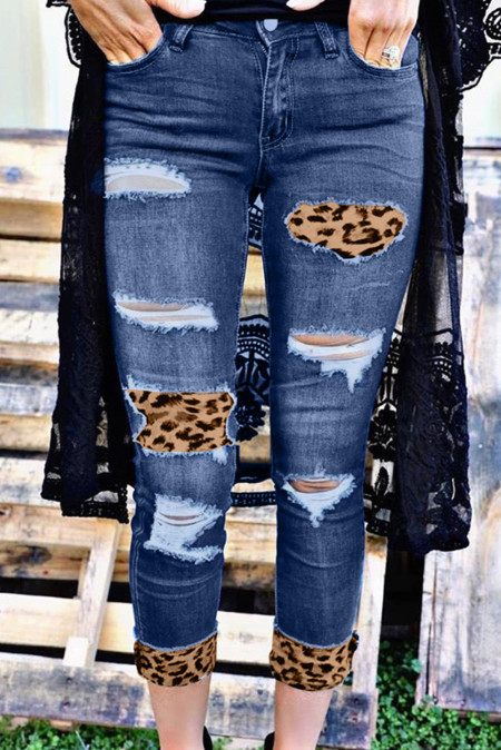 US$ 18.9 Distressed Leopard Patches Blue Skinny Jeans Wholesale