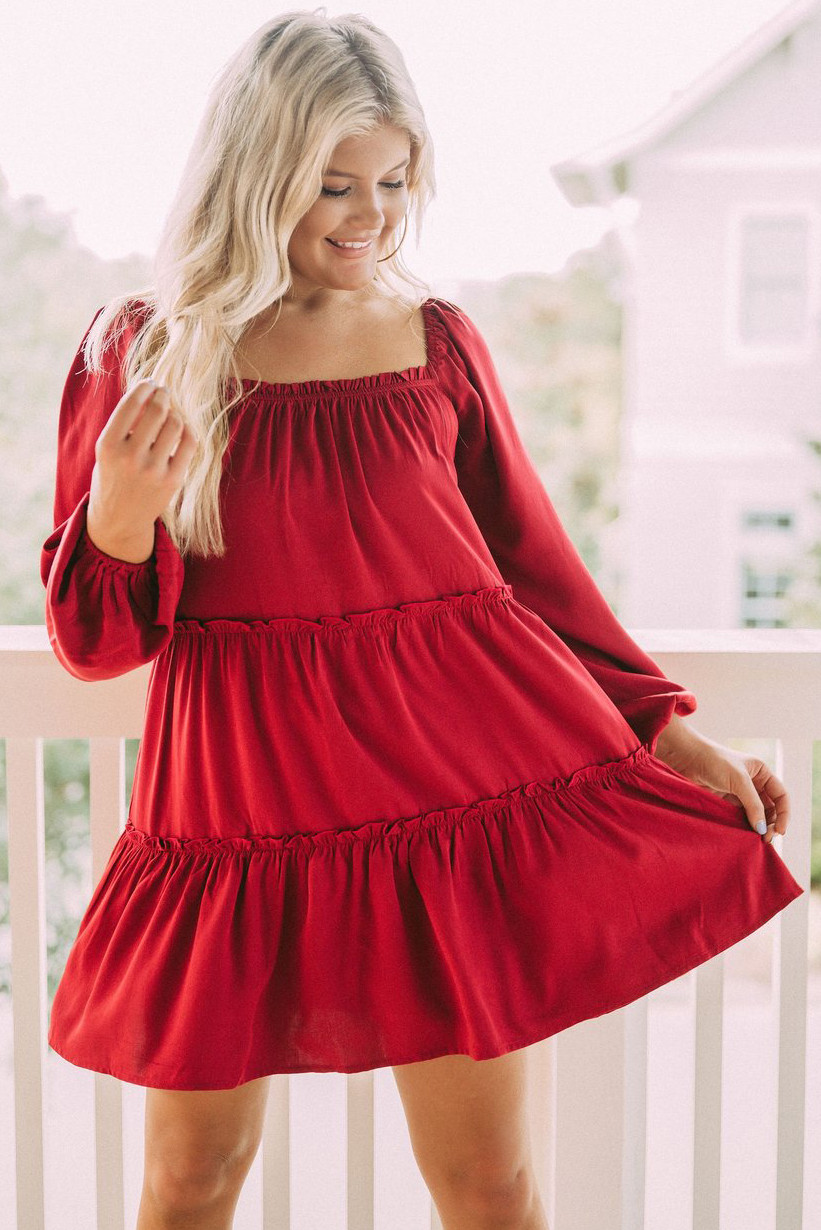 Wholesale Push it production, Cheap Red Long Sleeve Ruffle Tiered