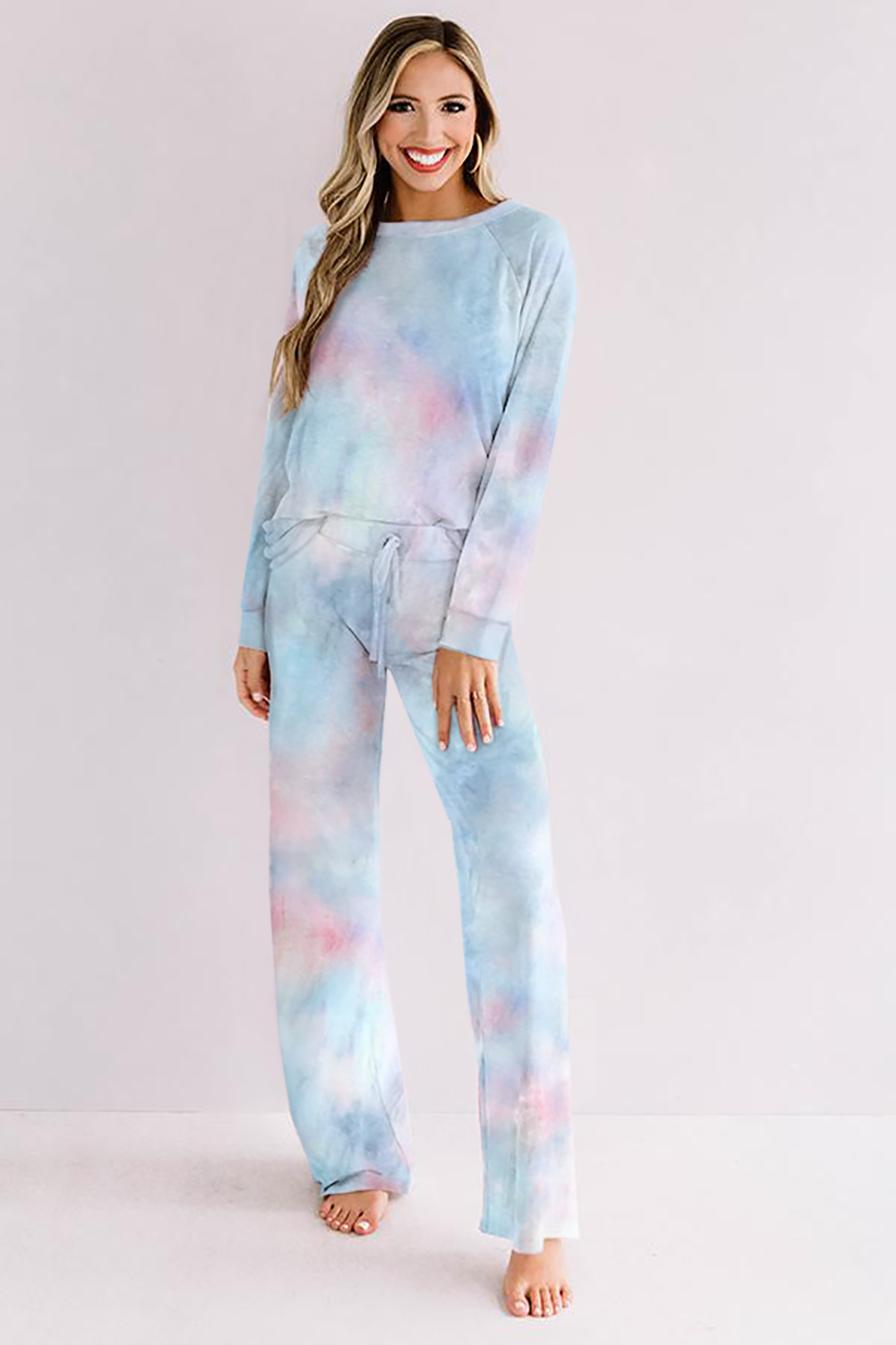 Wholesale Lounge Sets, Cheap Sky Blue Tie-dye Print Loungewear Set Online