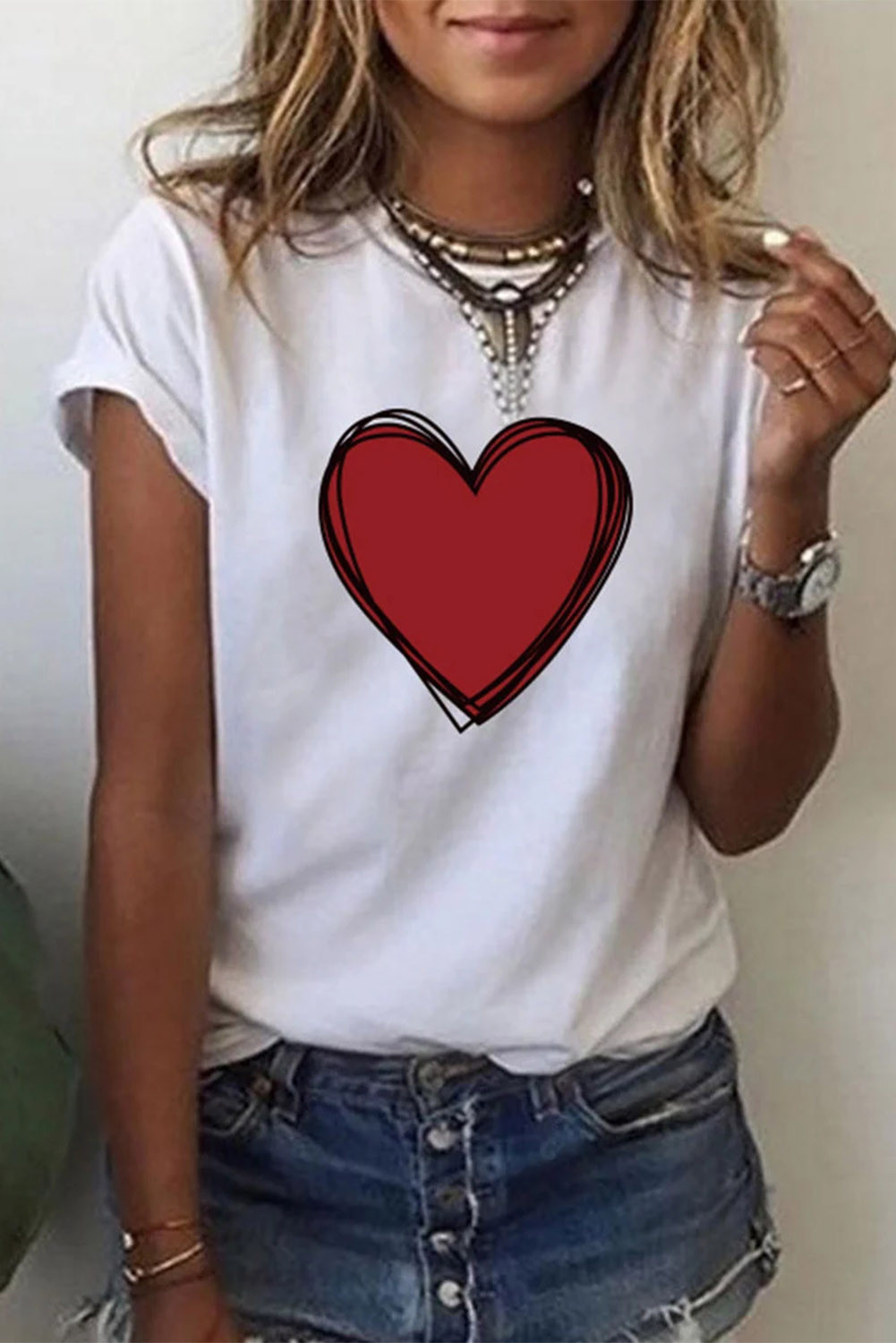 Wholesale Other Category, Cheap White Heart Print Crew Neck T-shirt Online