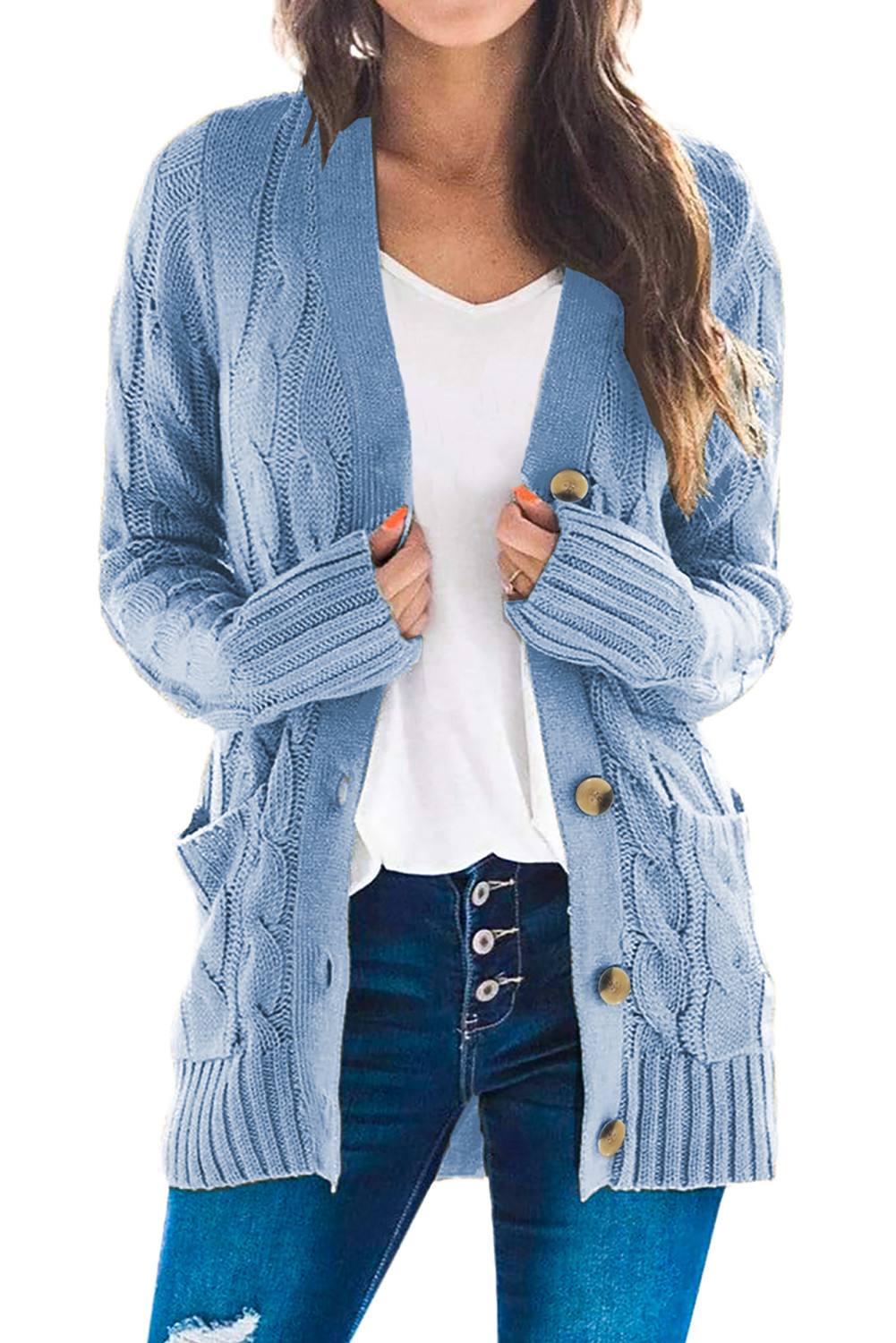 US10.98 Sky Blue Button Pocket Knit Cardigan Wholesale Online