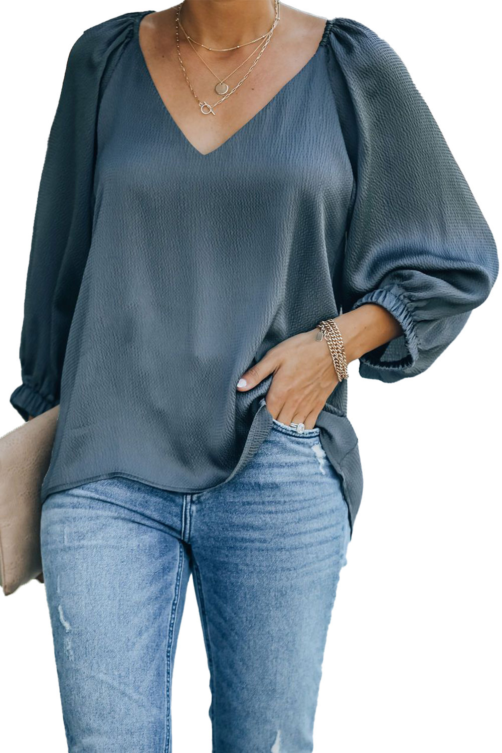 Wholesale Other Category, Cheap Gray V Neck Balloon Sleeves Top Online