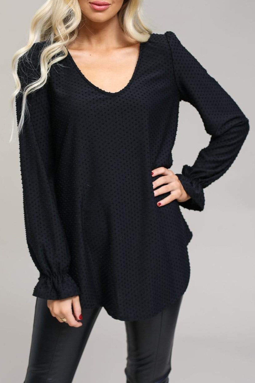 Wholesale Other Category, Cheap Black Dotted V Neck Round Hemline Long