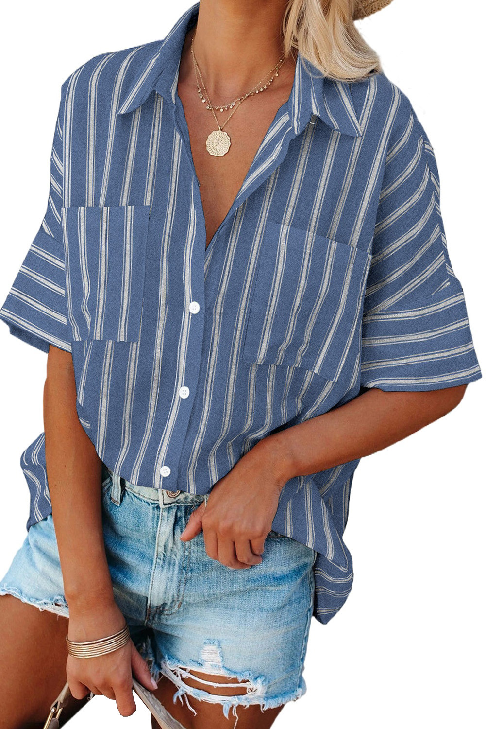 Wholesale Blouses & Shirts, Cheap Blue Short Sleeve Striped Shirt Online