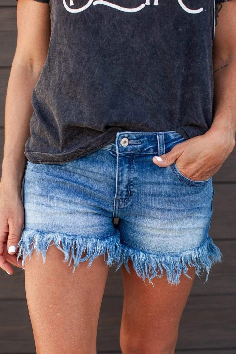 Wholesale Pre Order Bottoms, Cheap Fringe Hem High Rise Denim Shorts Online