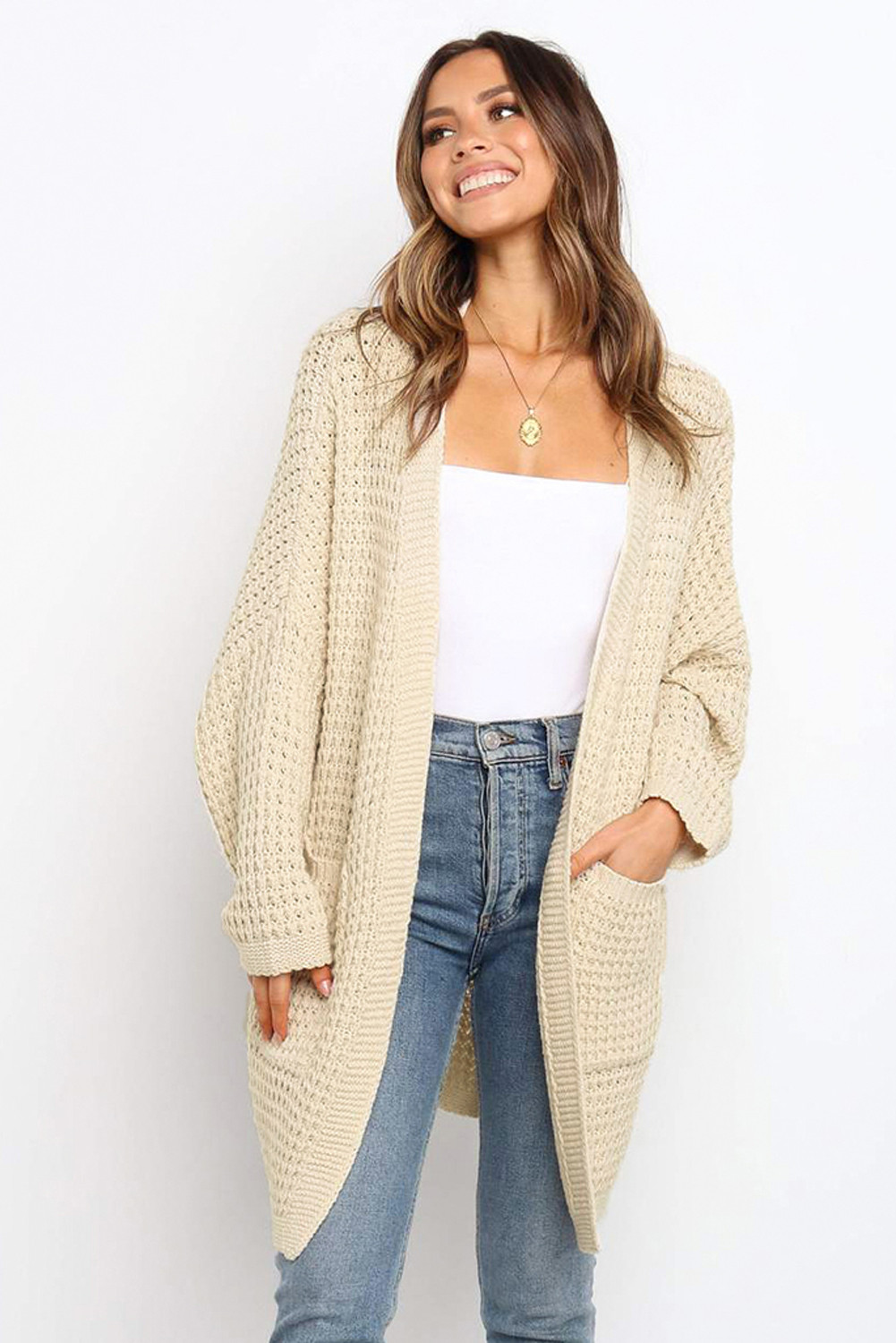 US$10.98 Beige Long Line Open Front Knitted Cardigan with ...
